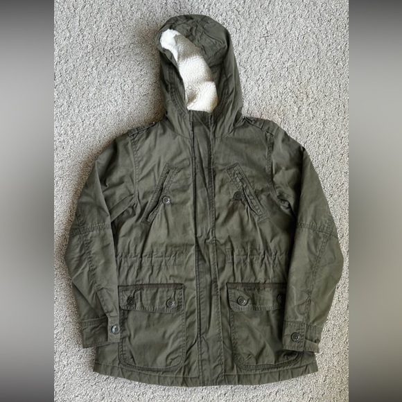 American Eagle Utility Jacket Coat Sherpa Hoodie Army Green Military Small EUC - Picture 1 of 8
